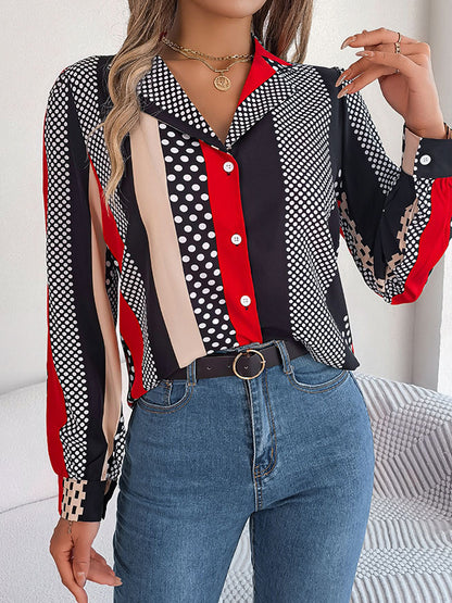 flowersverse Buttoned Contrast Color Polka-Dot Long Sleeves Notched Collar Blouses&Shirts Tops