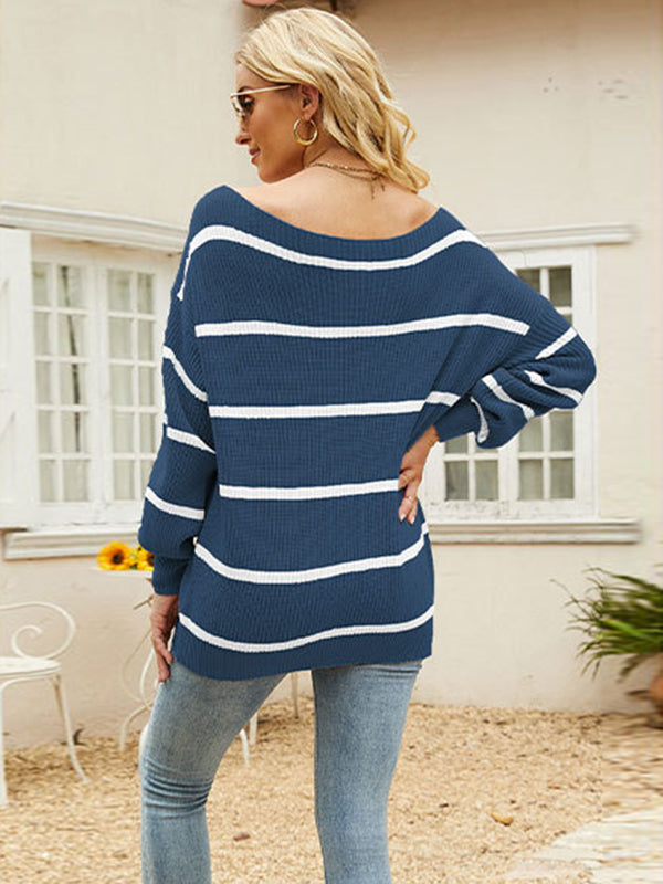 flowersverse Long Sleeves Striped Off-The-Shoulder Sweater Tops