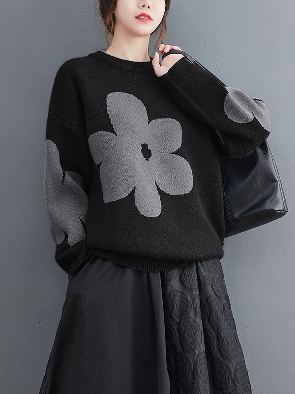 flowersverse Casual Loose Long Sleeves Contrast Color Jacquard Round-Neck Sweater Tops