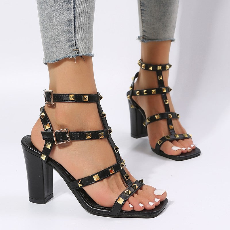 flowersverse Square-Toe Gladiator High Heels: Rivet Sandals for Women with Buckle Strap