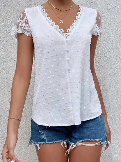 flowersverse Jacquard Lacy Solid Color Cap Sleeve Loose V-neck Blouses&shirts Tops