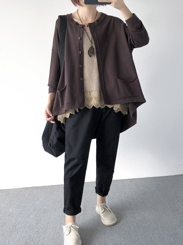 flowersverse Casual Loose Buttoned 8 Colors High-Low Round-Neck Long Sleeves Cardigan Tops