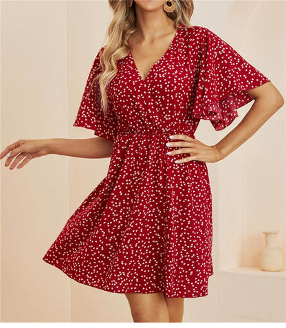 flowersverse Spring Summer Chiffon Dress Women V-Neck Love Dot Print Short Dresses Sweet Ruffle Sleeve Slim Ladies Drawstring Dress