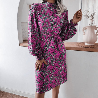 flowersverse Floral Stand Collar Lantern Long Sleeve Chiffon Dress