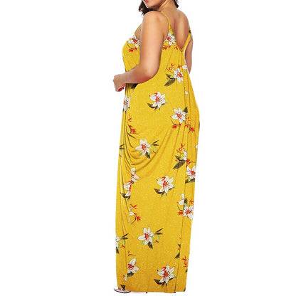 flowersverse Women's Plus Size Casual Dress Shift Dress Slip Dress Leopard Floral Long Dress Maxi Dress Sleeveless Pocket Print Strap Fashion Daily Light Yellow Black Spring Summer XL XXL 3XL