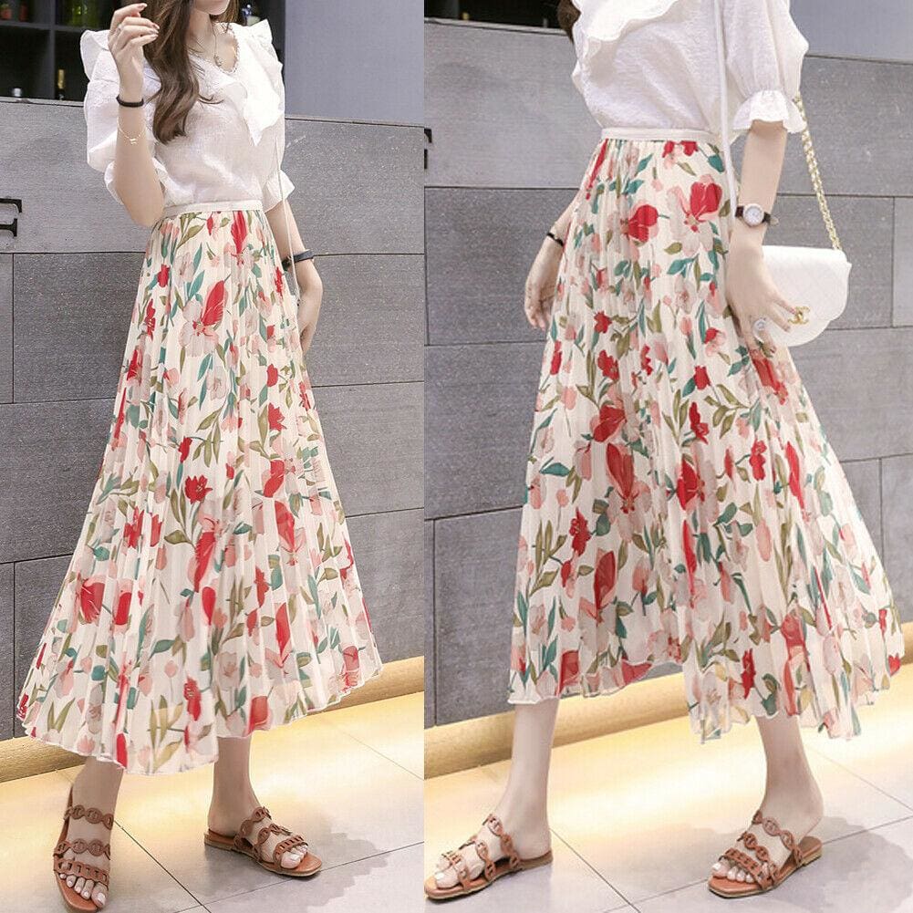 flowersverse  Fashion Women Floral Pleated Boho Midi Skirt High Waist Ladies Casual Summer Party Cocktail Wrap Skirt Sundress