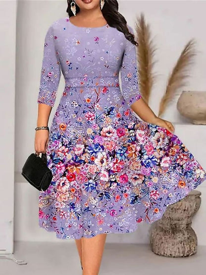 flowersverse Women's Plus Size Work Dress A Line Dress Floral Midi Dress Half Sleeve Print Crew Neck Elegant Office Blue Purple Spring Summer XL XXL 3XL 4XL 5XL