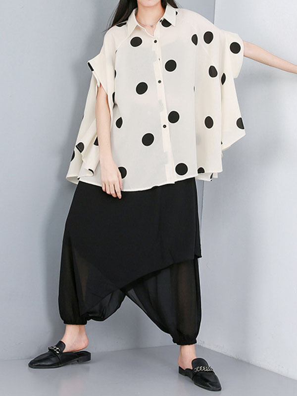 flowersverse Polka-Dot Batwing Sleeves High-Low Lapel Blouses&Shirts Tops