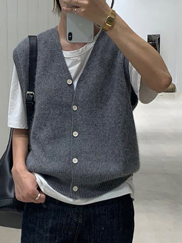 flowersverse Buttoned Loose Sleeveless V-neck Vest Outerwear Knitwear