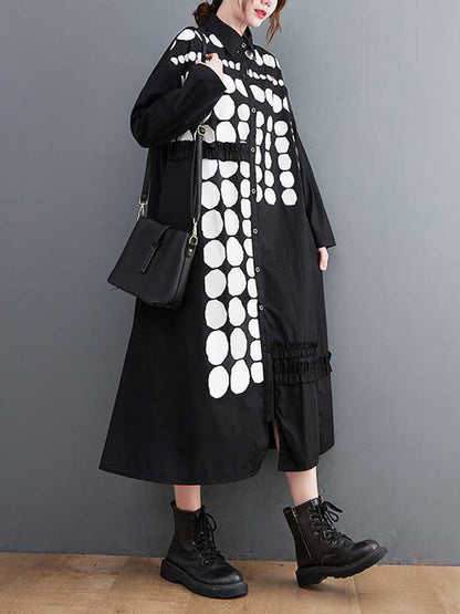 flowersverse A-Line Long Sleeves Asymmetric Buttoned Polka-Dot Lapel Midi Dresses