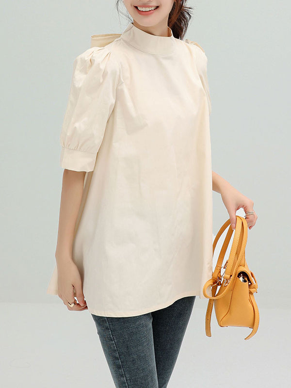 flowersverse Casual Loose Bow-Embellished Solid Color Blouse