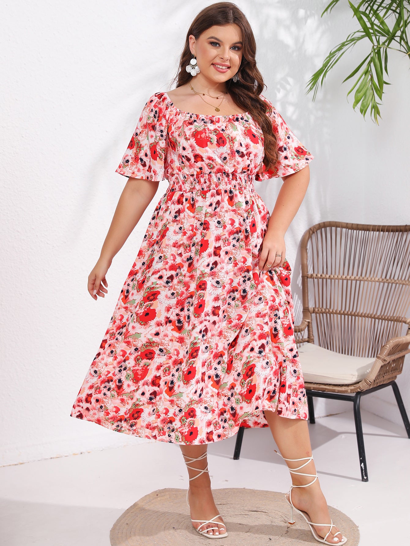 flowersverse Summer Plus Size Women's Square Neck Short Sleeve Casual Trendy Floral Dress