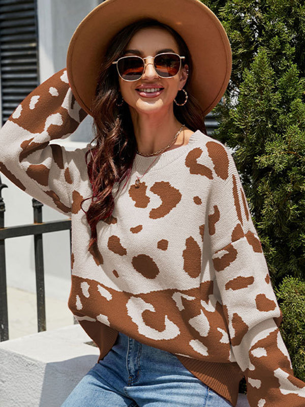 flowersverse Urban Puff Sleeves Leopard Two-Tone Round-Neck Sweater Tops