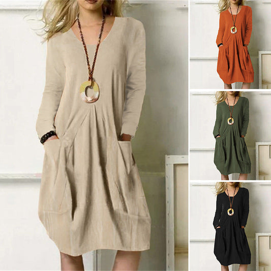 flowersverse Women's Cotton Linen Loose Temperament Commute Casual Solid Color Pocket Dress