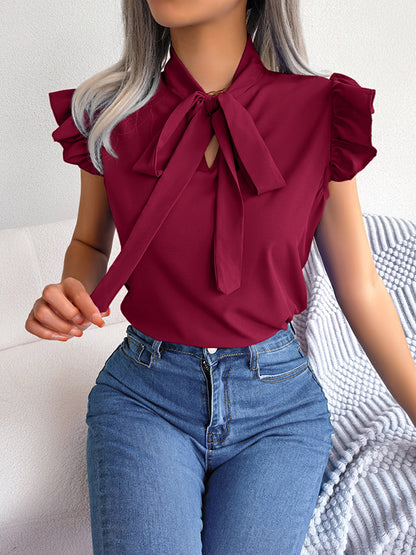 flowersverse Solid Color Cap Sleeve Round-neck Blouses&shirts Tops