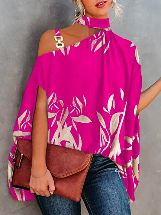flowersverse Printed Asymmetric One Shoulder High-Neck Blouse Tunic Top