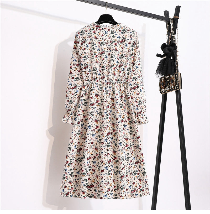 flowersverse Autumn Winter Ladies Chiffon High Elastic Waist Women Bow Aline Full Sleeve Flower Print Floral Party Dress Female Vestido