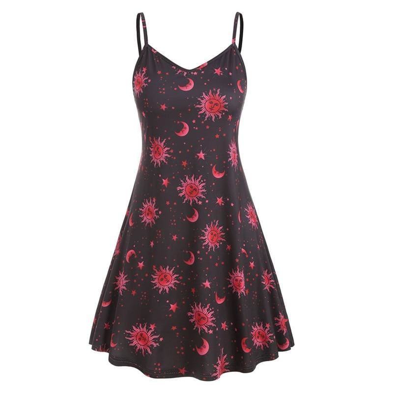 flowersverse Women Starry moon pattern Printed O-Neck Sleeveless Dress