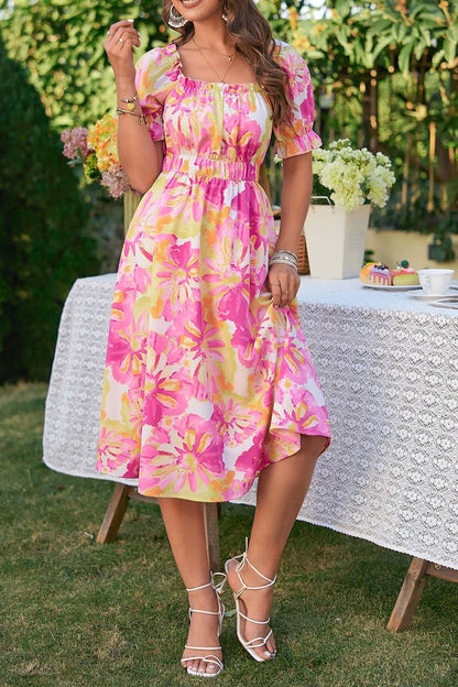 flowersverse Vibrant Floral Frill Trim Square Neck Midi Dress