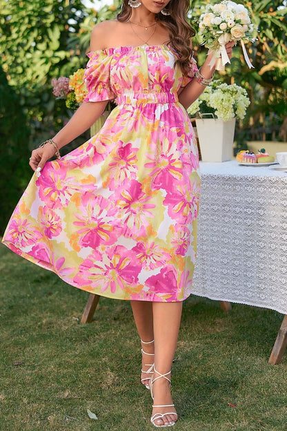 flowersverse Vibrant Floral Frill Trim Square Neck Midi Dress