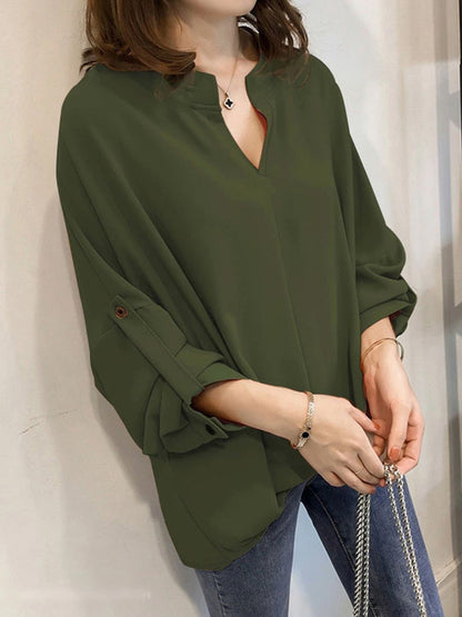 flowersverse Casual Long Sleeves Loose Solid Color V-Neck Blouses&Shirts Tops