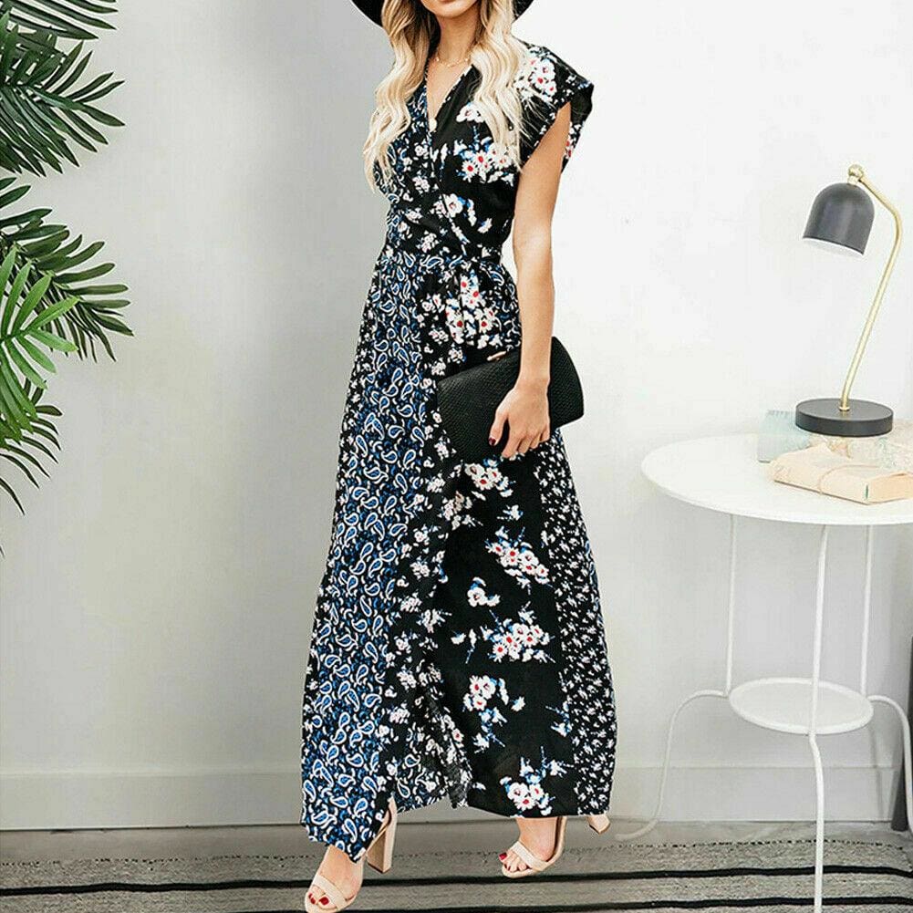 flowersverse Women Boho Floral Long Maxi Loose Dress Evening Party Beach Sundress