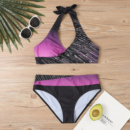 flowersverse Women's Swimwear Bikini Plus Size Swimsuit 2 Piece Striped Black Burgundy Blue Lavender Purple Bandeau Bathing Suits Sports Summer