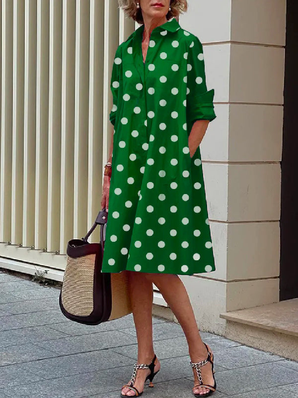 flowersverse Vintage Long Sleeves Polka Dot Lapel Midi Dresses