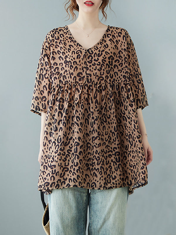 flowersverse Leopard Half Sleeves Loose V-neck T-Shirts Tops Blouses&shirts Tops