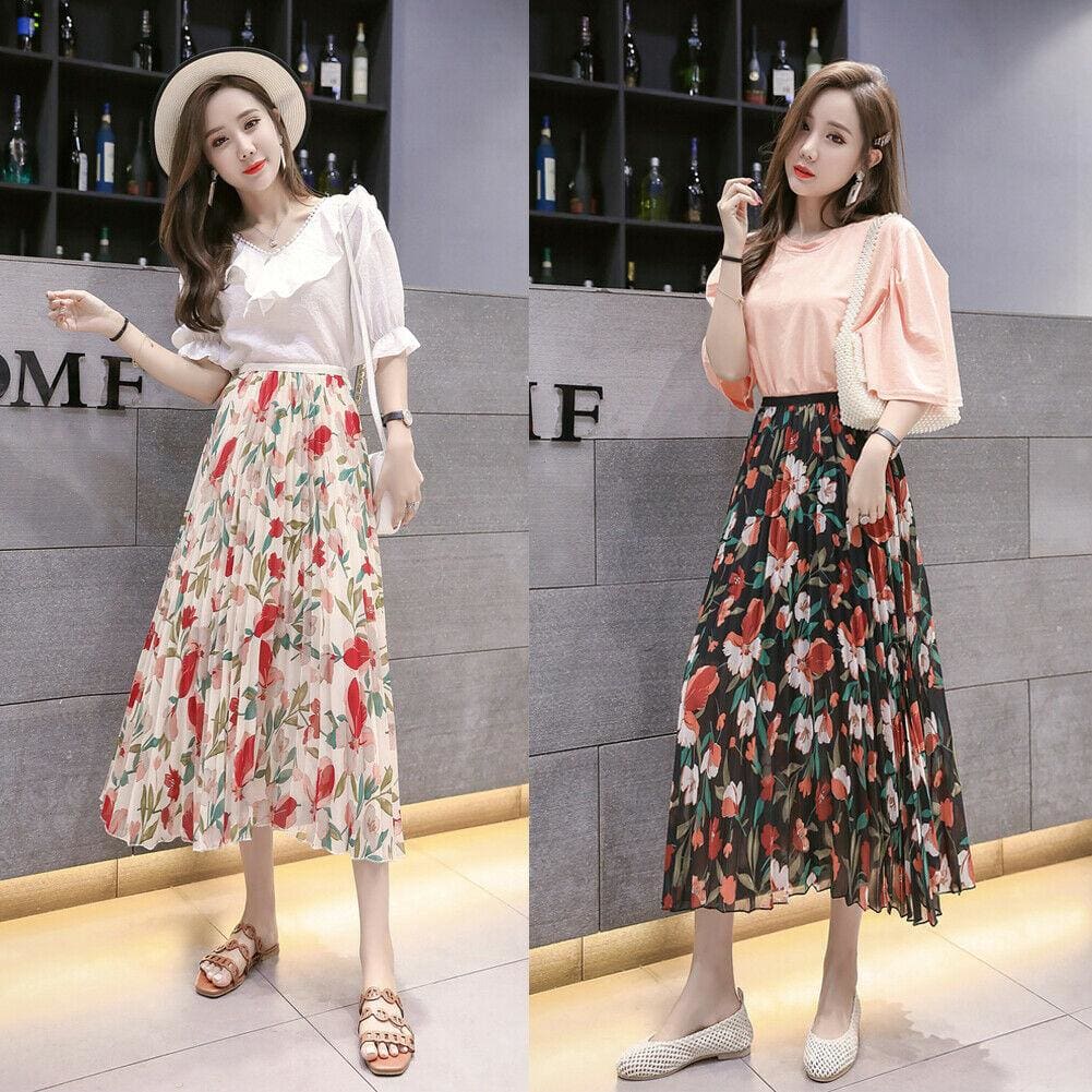 flowersverse  Fashion Women Floral Pleated Boho Midi Skirt High Waist Ladies Casual Summer Party Cocktail Wrap Skirt Sundress