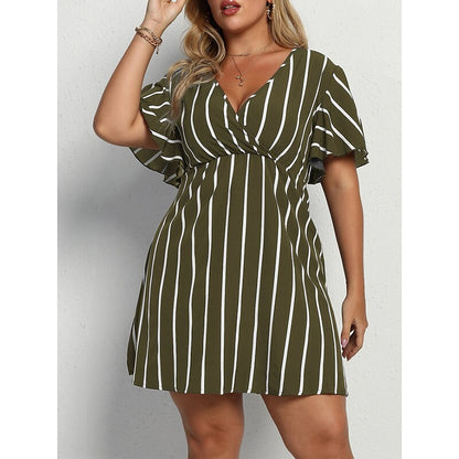 flowersverse Women's Plus Size Casual Dress A Line Dress Stripe Mini Dress Short Sleeve Print V Neck Fashion Outdoor ArmyGreen Black Spring Summer L XL XXL 3XL 4XL