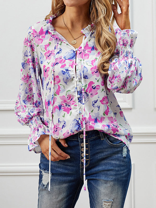 flowersverse Buttoned Elasticity Hollow Printed Tied Flared Sleeves Long Sleeves V-Neck Blouses&Shirts Tops