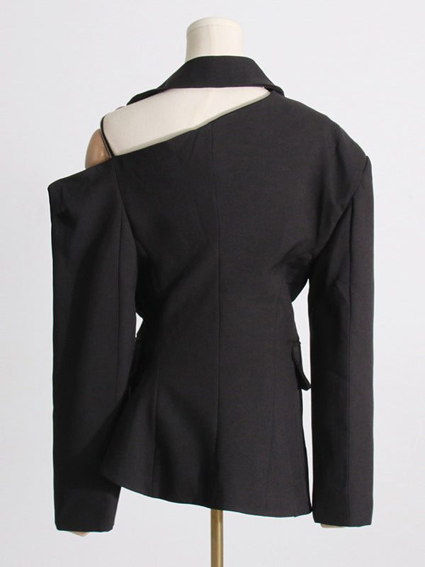 flowersverse Asymmetric Buttoned Hollow Solid Color Tied Long Sleeves Loose Asymmetric Collar Blazer