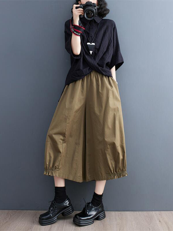 flowersverse Solid Color Split-Joint Ninth Pants Wide Leg Casual Pants Bottoms