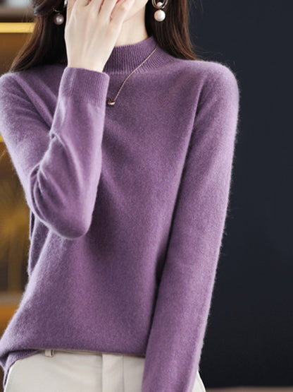 flowersverse Office Long Sleeves Solid Color High-Neck Sweater Tops Pullovers