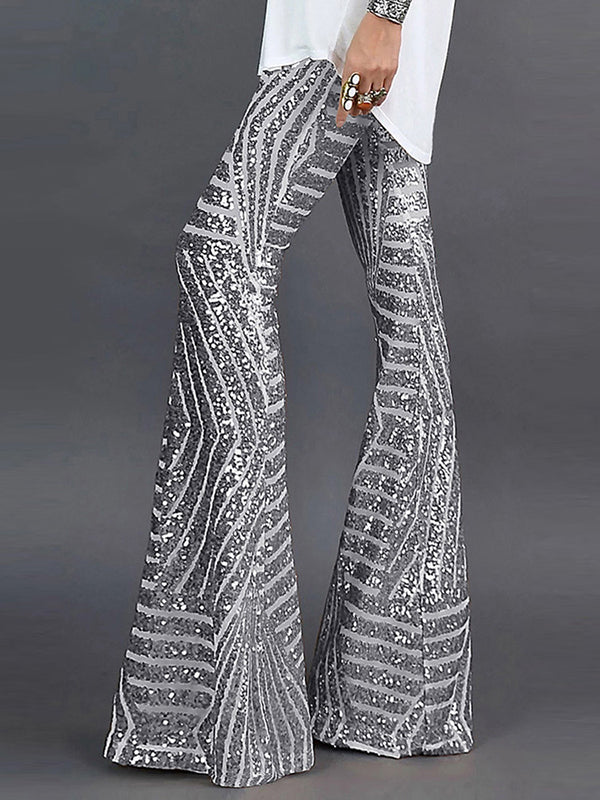 flowersverse Flared Pants High Waisted Contrast Color Striped Sequined Pants