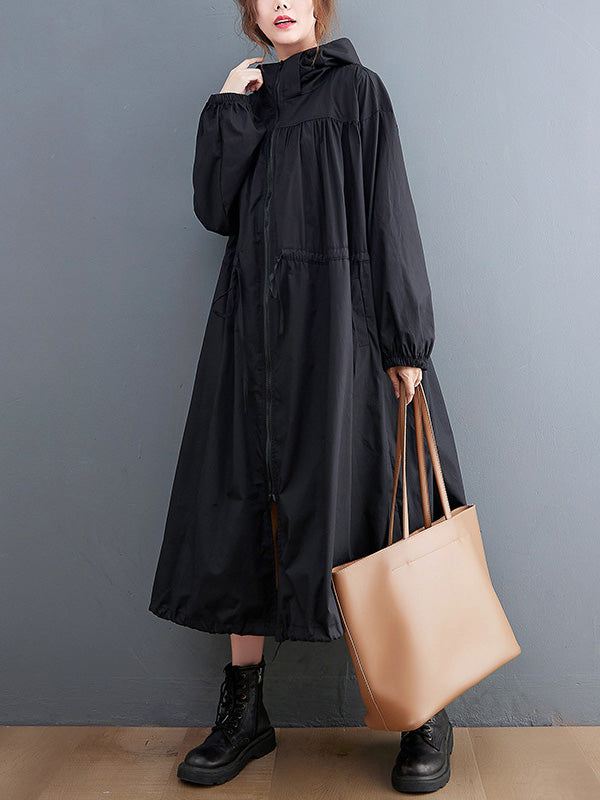 flowersverse Casual Loose Solid Color Zipper Drawstring Long Sleeves Hooded Trench Coat