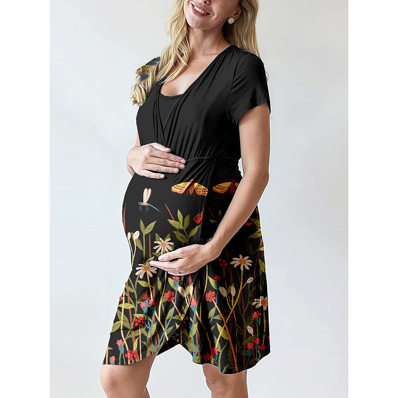 flowersverse Women's Maternity Dress Casual Dress A Line Dress Summer Dress Floral Butterfly Mini Dress Short Sleeve Print V Neck Romantic Daily Black Spring Summer S M L XL XXL