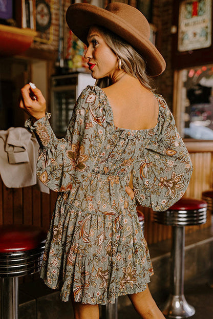 flowersverse Multicolour Floral Long Sleeve Frilled U-Neck Ruffled Dress