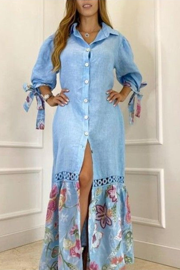 flowersverse Dorris Lace Bandage Floral Print Shirt Maxi Dress