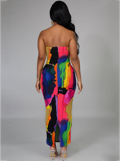 flowersverse Tie Dyed Multicolor Strapless Bodycon Maxi Dresses