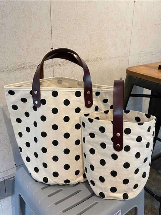 flowersverse Vintage Canvas Polka-Dot Printed Makeup Tote Bag Bucket Bag