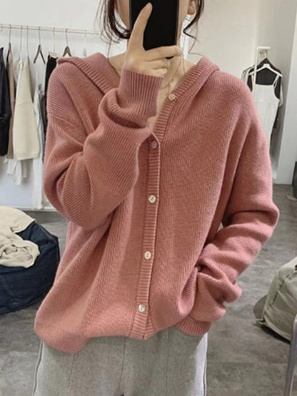 flowersverse Simple Loose Long Sleeves Buttoned Solid Color Hooded Sweater Cardigan Coats