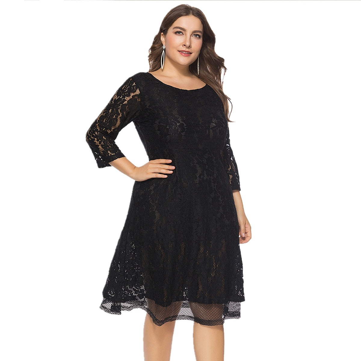 flowersverse Summer Fall Plus Size Women's Round Neck Lace Dress