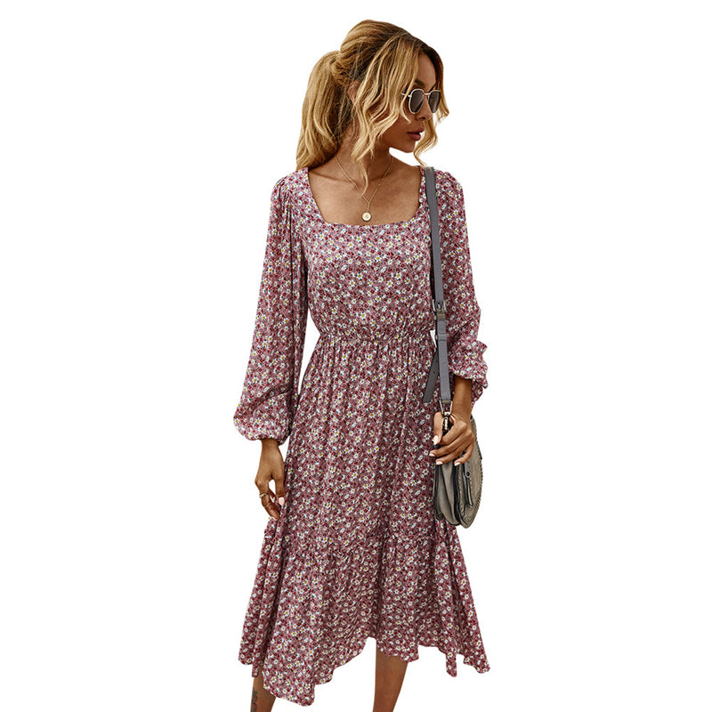 flowersverse Retro Ladies Square Collar Floral Long Dress Autumn Winter Women High Waist Full Sleeve Elegant Chic Dress