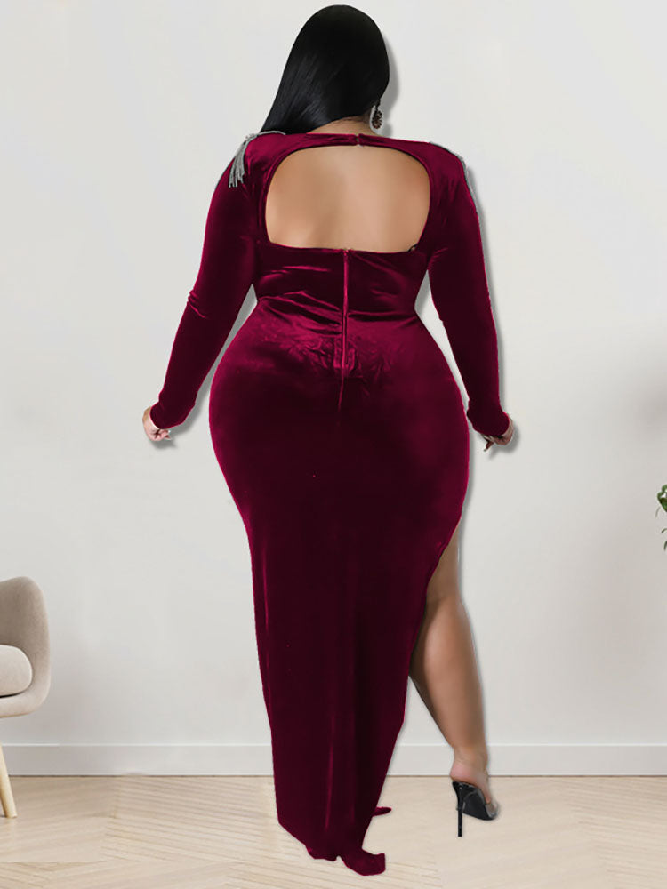 flowersverse Plus Size Long Sleeve Side Split Maxi Dresses