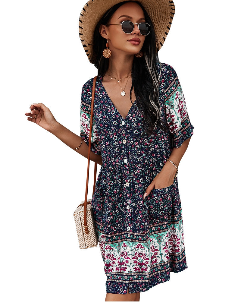 flowersverse Floral Print Summer Short Dress Women Casual V Neck Bohemian Short Sleeve Dress For Woman Fashion Sexy Spring Dress