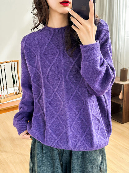 flowersverse Simple Loose Long Sleeves Jacquard Solid Color Round-Neck Sweater Tops