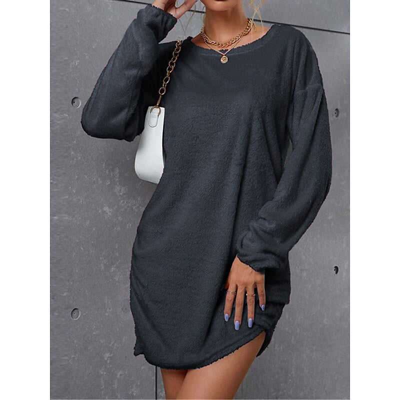 flowersverse Women's Casual Dress T Shirt Dress Tee Dress Shift Dress Plain Ruched Crew Neck Mini Dress Basic Outdoor Daily Long Sleeve Loose Fit Black White Wine Winter Fall S M L XL XXXL