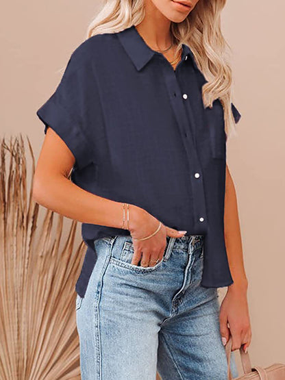 flowersverse Pleated Loose Short Sleeves Lapel Blouses&Shirts Tops